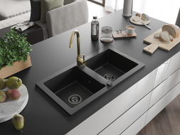 Mexen Mario granite 2-bowl kitchen sink with Telma faucet, black - 6504-77-670200-50-B