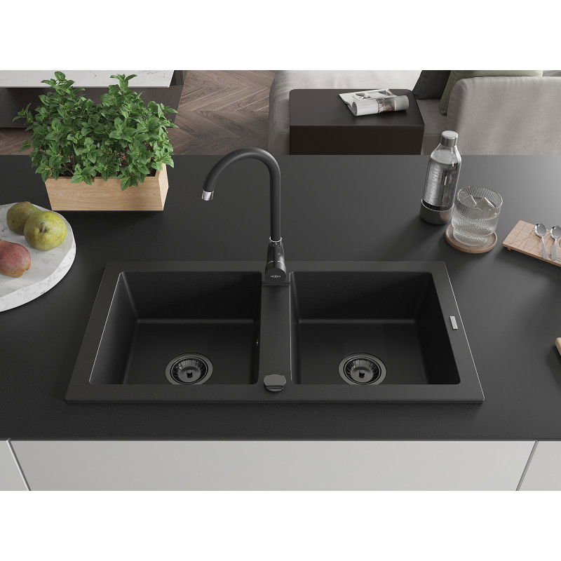 Mexen Mario granite sink 2-bowl with Telma kitchen tap, black - 6504-77-670200-70-B