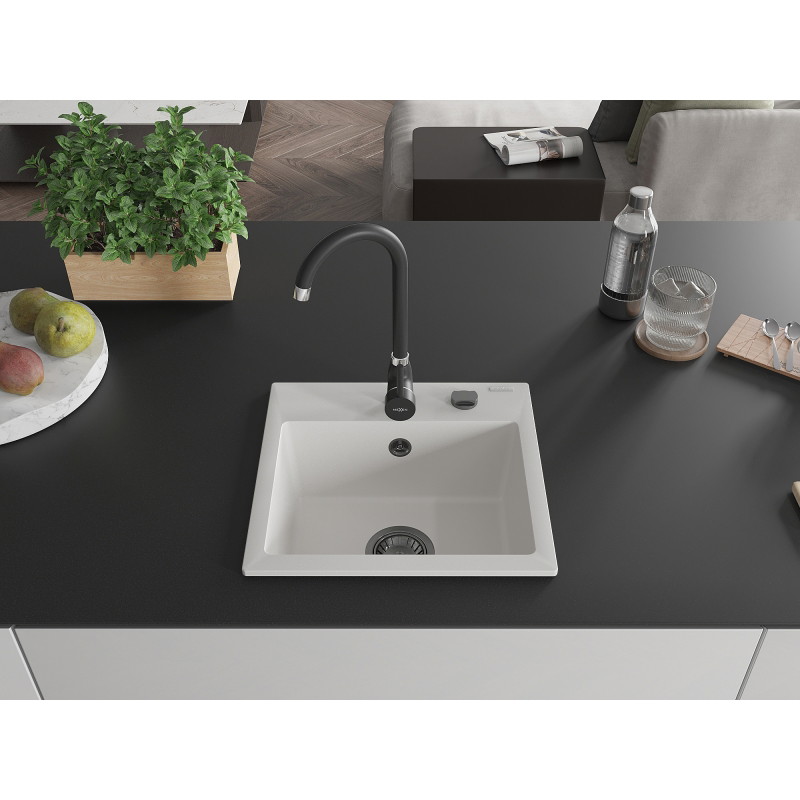 Mexen Milo 1-bowl granite sink with Telma kitchen faucet, white - 6505-20-670200-70