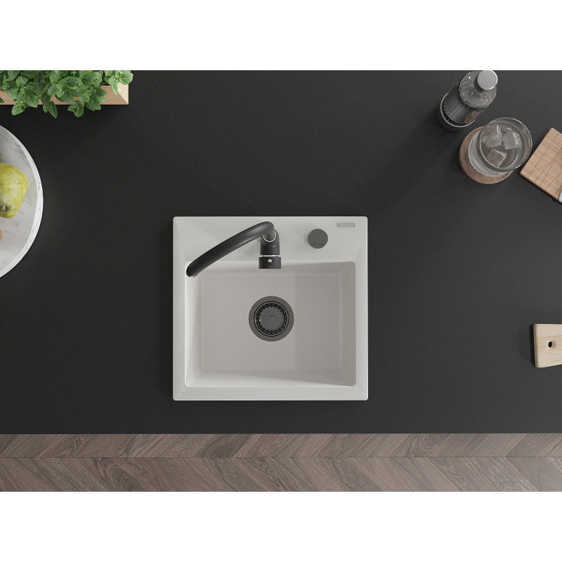 Mexen Milo 1-bowl granite kitchen sink with Telma tap, white - 6505-20-670200-70