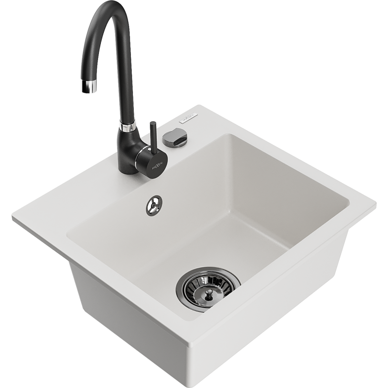 Mexen Milo 1-bowl granite kitchen sink with Telma tap, white - 6505-20-670200-70