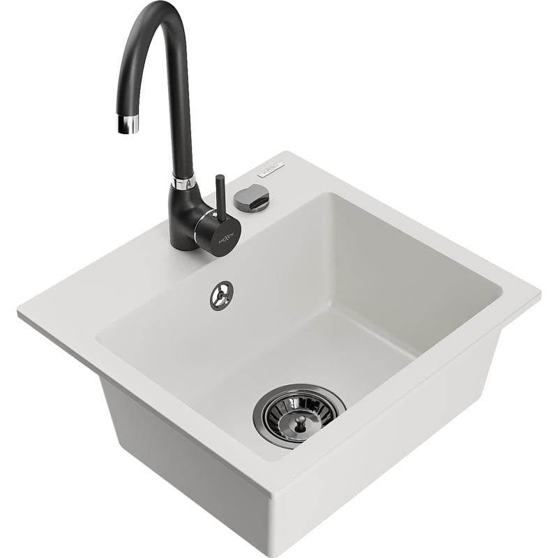 Mexen Milo 1-bowl granite sink with Telma kitchen faucet, white - 6505-20-670200-70