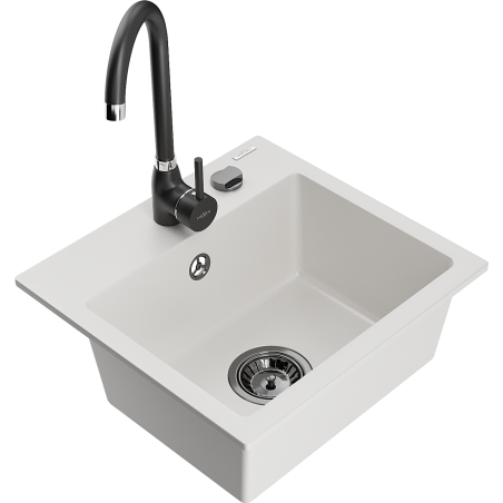 Mexen Milo 1-compartment granite sink with a kitchen mixer tap Telma, White - 6505-20-670200-70