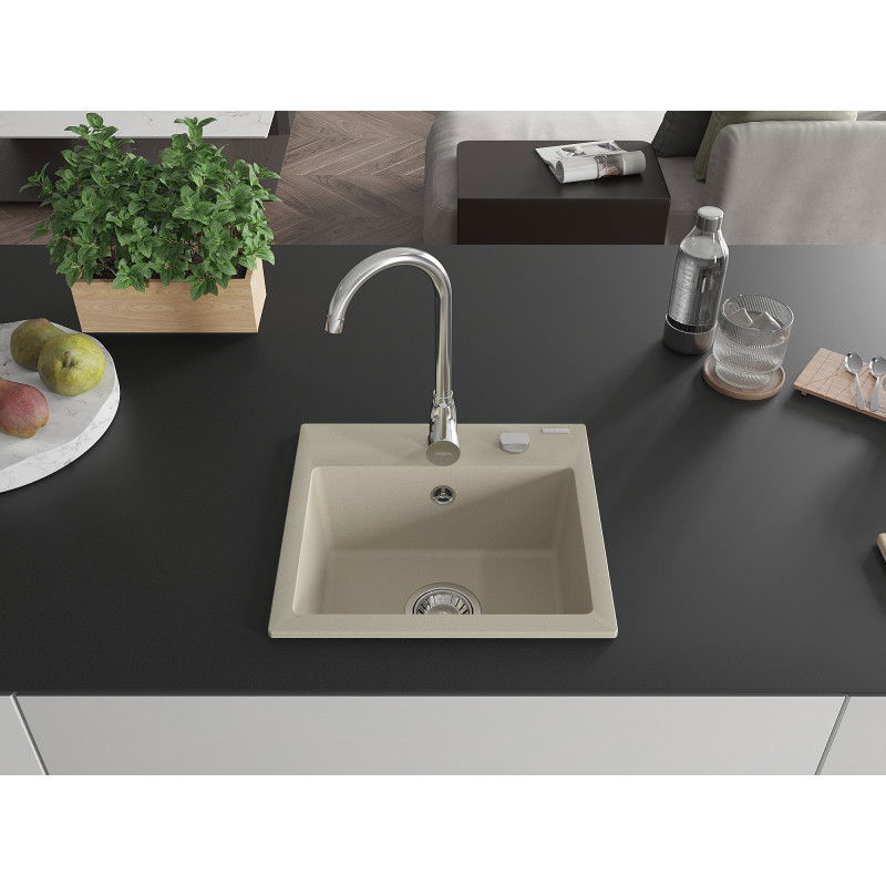 Mexen Milo Granite Sink 1-Bowl with Telma Kitchen Tap, Beige - 6505-69-670200-00
