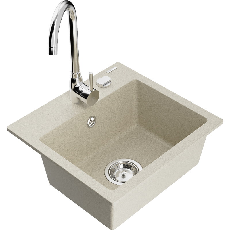 Mexen Milo granite kitchen sink 1-bowl with Telma kitchen faucet, beige - 6505-69-670200-00