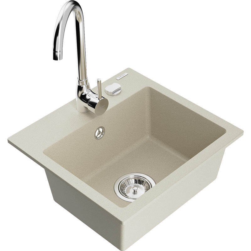 Mexen Milo Granite Sink 1-Bowl with Telma Kitchen Tap, Beige - 6505-69-670200-00