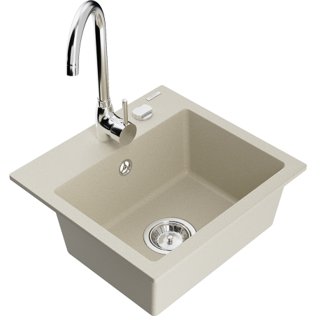 Mexen Milo Granite Sink 1-Bowl with Telma Kitchen Tap, Beige - 6505-69-670200-00
