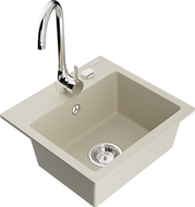 Mexen Milo granite kitchen sink 1-bowl with Telma kitchen faucet, beige - 6505-69-670200-00