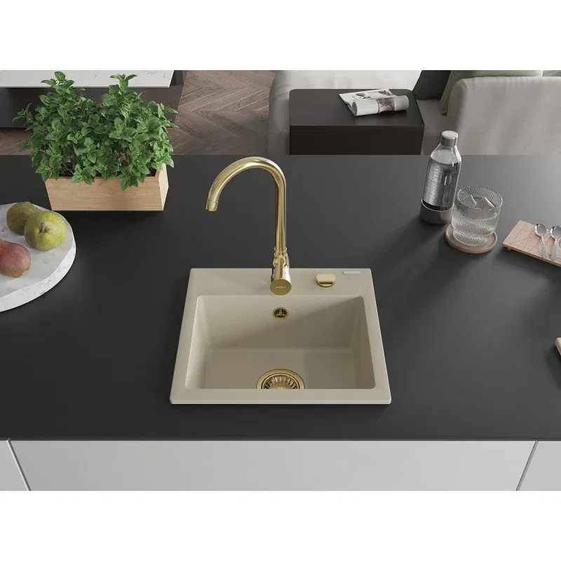 Mexen Milo granite kitchen sink single bowl with Telma kitchen tap, beige - 6505-69-670200-50