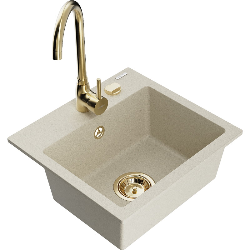 Mexen Milo 1-bowl granite sink with Telma kitchen faucet, beige - 6505-69-670200-50
