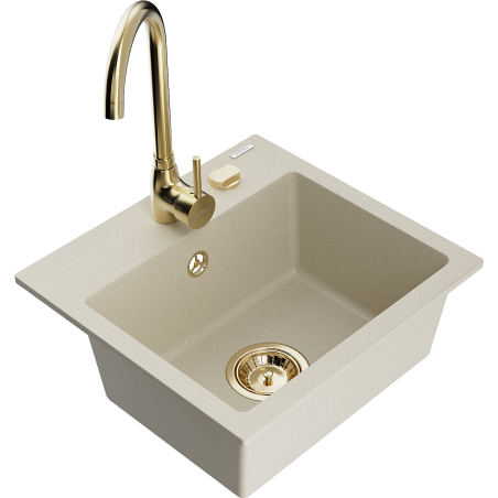 Mexen Milo 1-bowl granite sink with Telma kitchen faucet, beige - 6505-69-670200-50