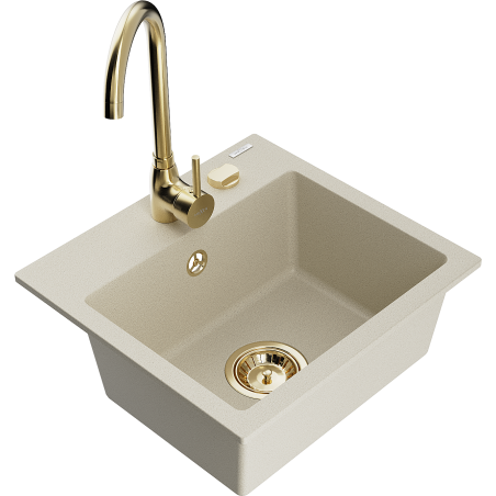 Mexen Milo granite kitchen sink single bowl with Telma kitchen tap, beige - 6505-69-670200-50