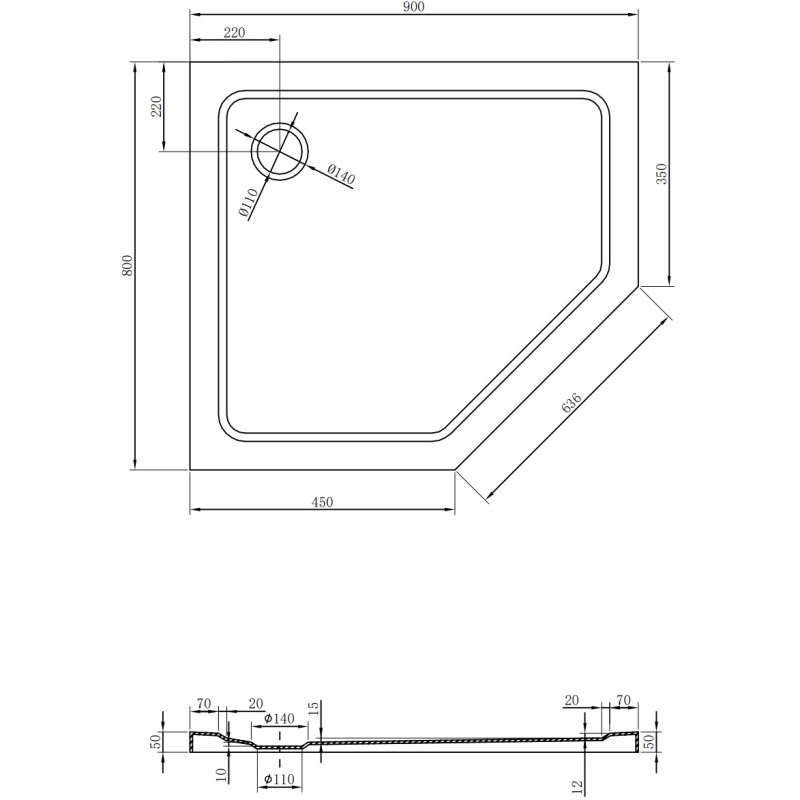 Mexen Flat pentagonal slim left shower base 90 x 80 cm, white, chrome siphon - 41P108090L