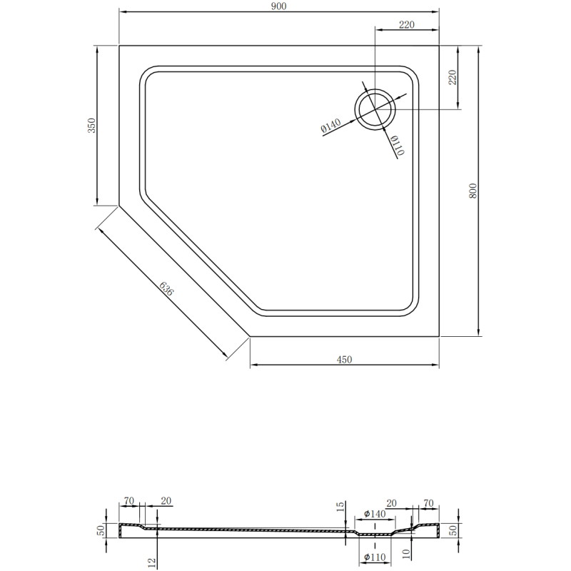 Mexen Flat pentagonal slim right shower tray 90 x 80 cm, white, chrome siphon - 41P108090R
