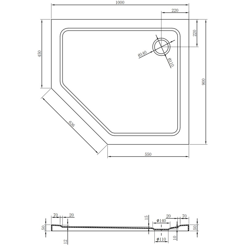 Mexen Flat slim pentagonal shower tray right 100 x 90 cm, white, chrome drain - 41P109010R
