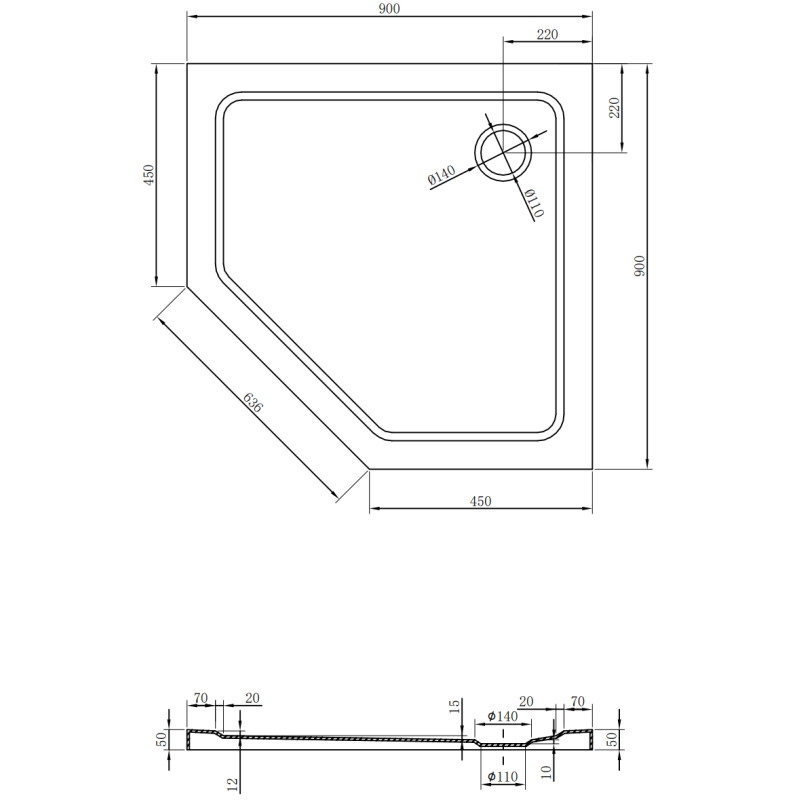 Mexen Flat pentagonal slim shower tray 90 x 90 cm, white, chrome siphon - 41P109090