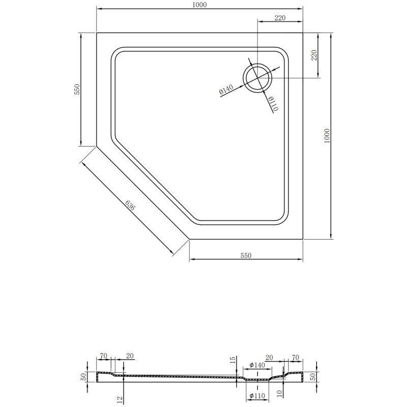 Mexen Flat pentagonal slim shower tray 100 x 100 cm, white, chrome siphon - 41P101010
