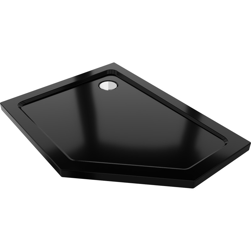 Mexen Flat pentagonal slim left shower tray 90 x 80 cm, black, chrome siphon - 41P708090L