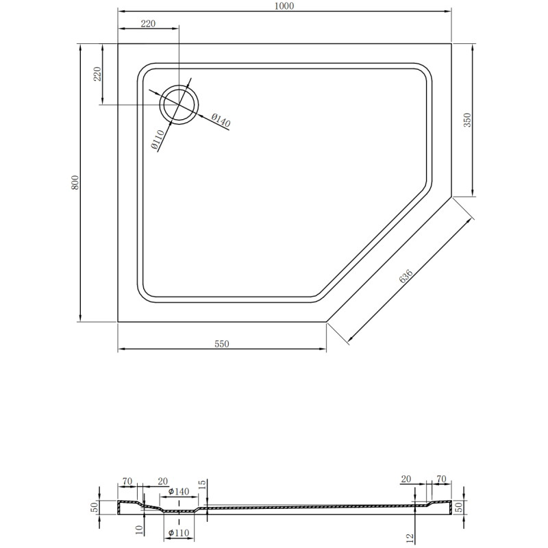 Mexen Flat pentagonal slim left shower tray 100 x 80 cm, black, chrome siphon - 41P708010L