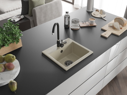 Mexen Milo granite kitchen sink 1-bowl with Telma kitchen faucet, beige - 6505-69-670200-70