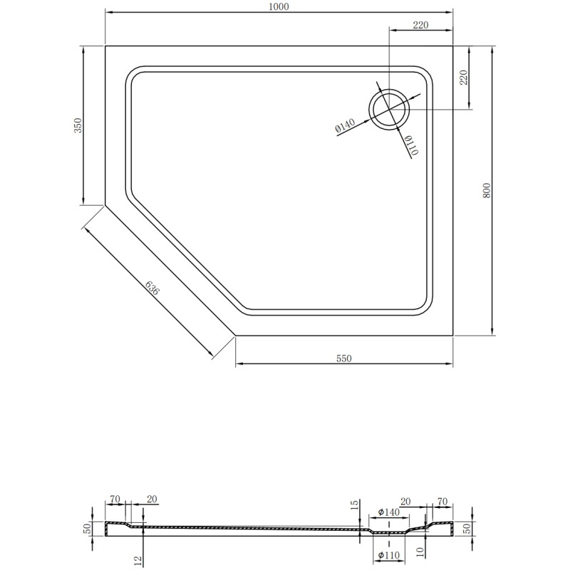 Mexen Flat pentagonal slim shower tray right 100 x 80 cm, black, chrome siphon - 41P708010R