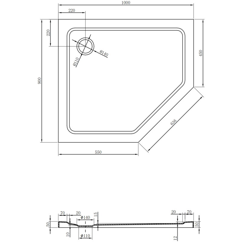 Mexen Flat pentagonal slim left shower tray 100 x 90 cm, black, chrome siphon - 41P709010L