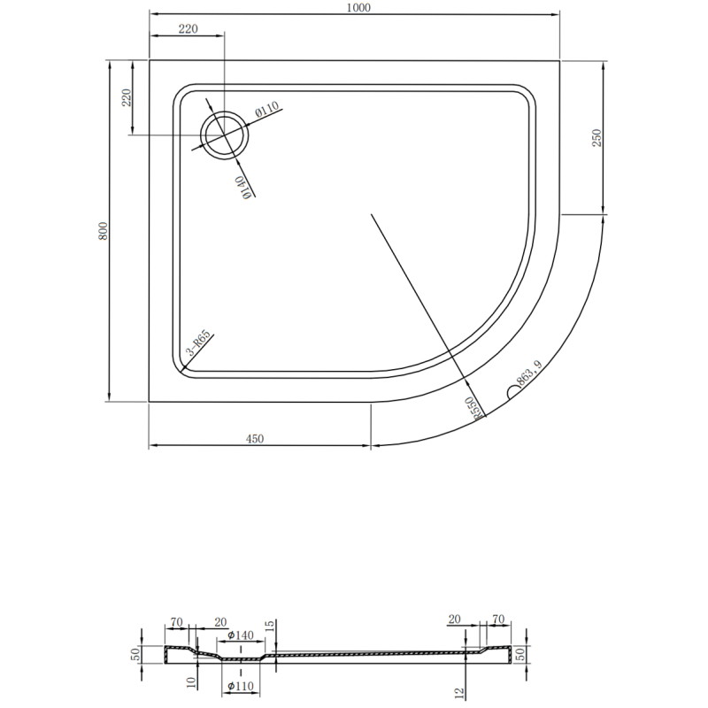 Mexen Flat slim left semi-circular shower tray 100 x 80 cm, white, chrome siphon - 41108010L