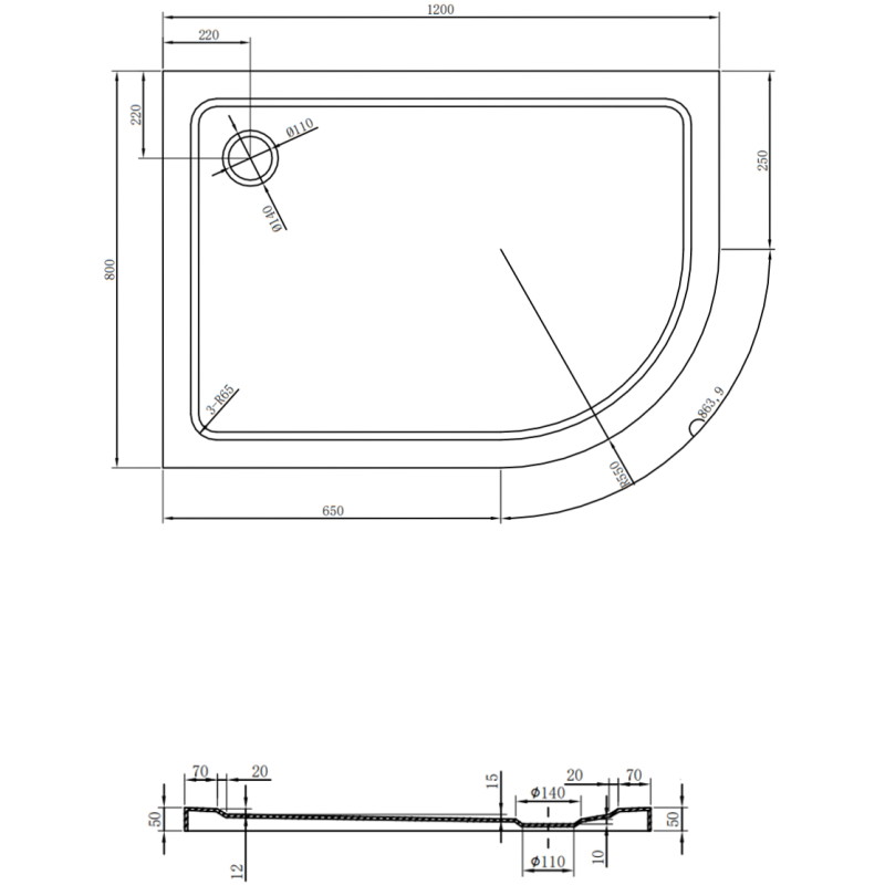 Mexen Flat semi-circular slim shower tray left 120 x 80 cm, white, chrome siphon - 41108012L