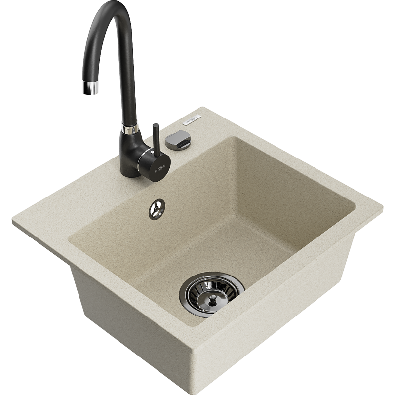 Mexen Milo 1-bowl granite sink with Telma kitchen tap, beige - 6505-69-670200-70