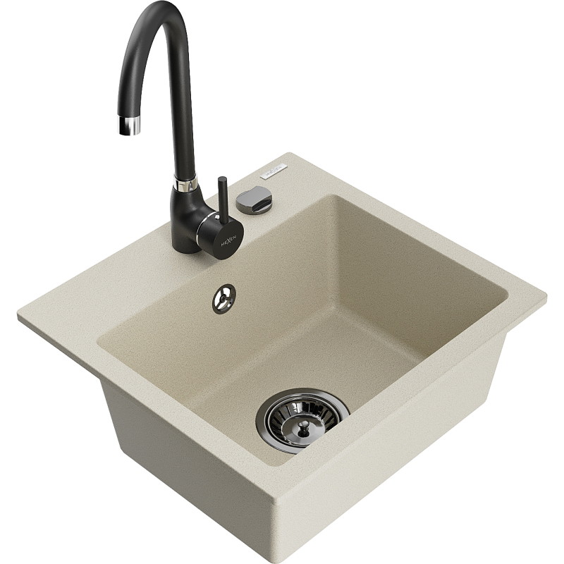 Mexen Milo granite kitchen sink 1-bowl with Telma kitchen faucet, beige - 6505-69-670200-70