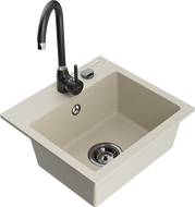 Mexen Milo granite kitchen sink 1-bowl with Telma kitchen faucet, beige - 6505-69-670200-70