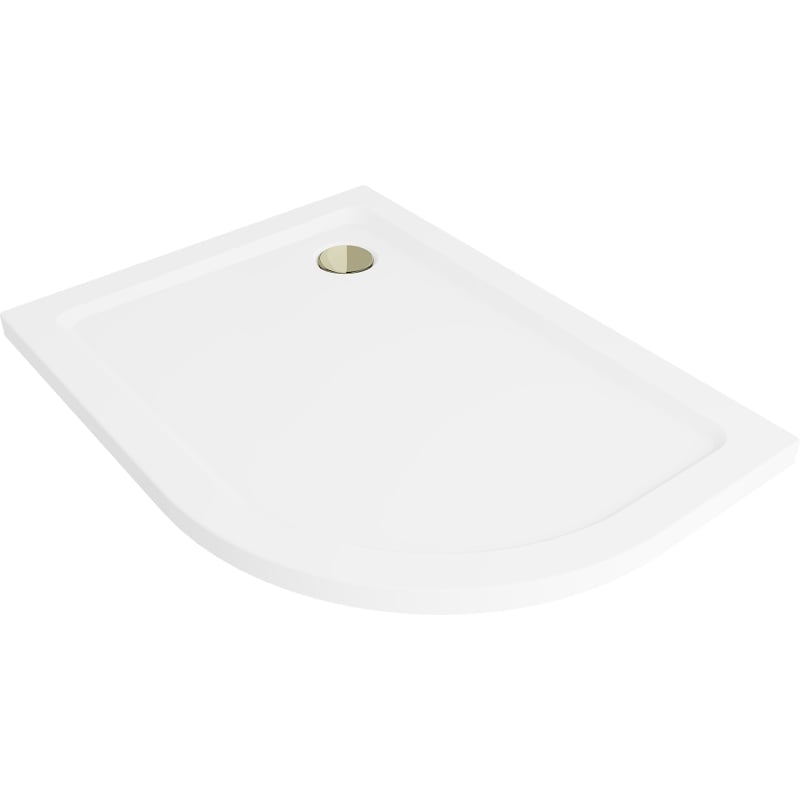 Mexen Flat slim left semicircular shower tray 90 x 80 cm, white, gold siphon - 41108090L-G