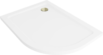 Mexen Flat half-round left slim shower tray 90 x 80 cm, white, gold siphon - 41108090L-G