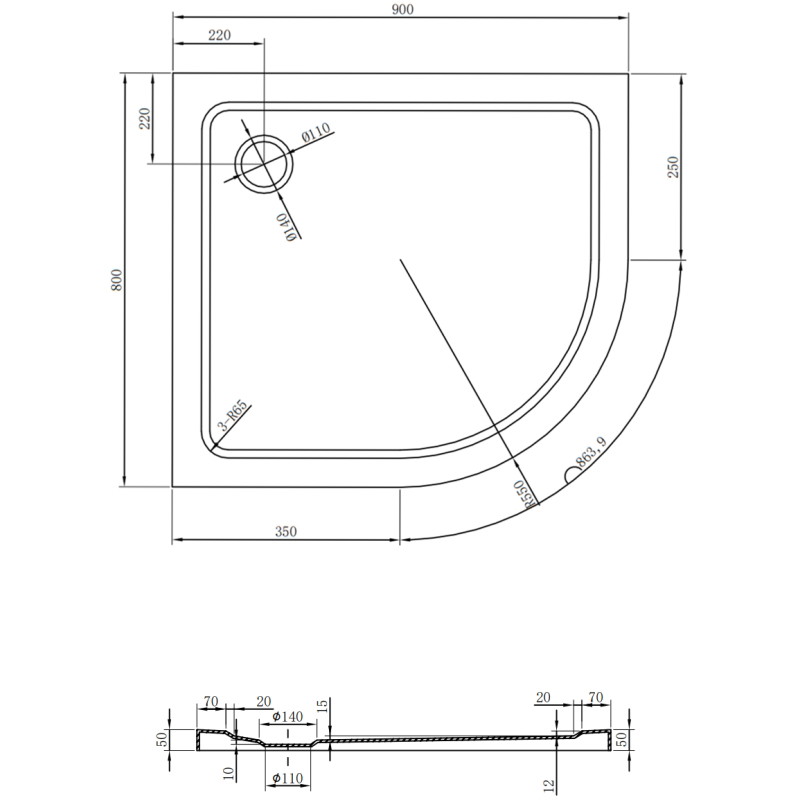 Mexen Flat slim left semicircular shower tray 90 x 80 cm, white, gold siphon - 41108090L-G