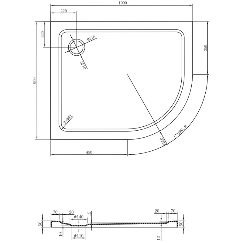 Mexen Flat semi-circular slim left shower tray 100 x 90 cm, white, gold siphon - 41109010L-G