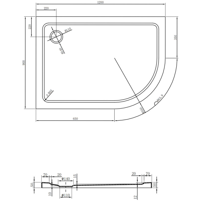 Mexen Flat slim semi-circular shower tray left 120 x 90 cm, white, gold siphon - 41109012L-G