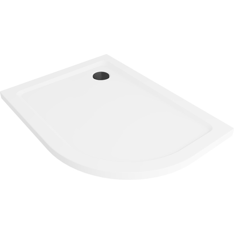 Mexen Flat semi-circular slim left shower tray 90 x 80 cm, white, black siphon - 41108090L-B