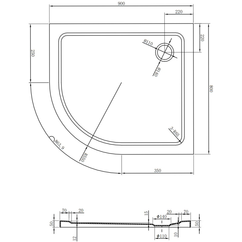 Mexen Flat semi-circular slim shower tray right 90 x 80 cm, white, chrome siphon - 41108090P