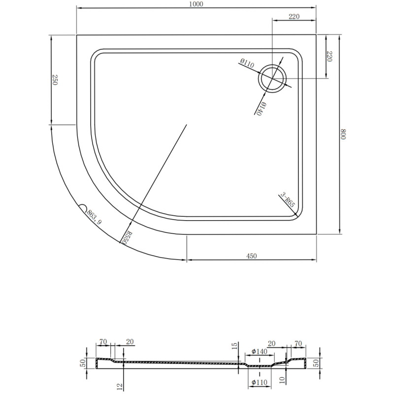 Mexen Flat semi-circular slim shower tray right 100 x 80 cm, white, chrome siphon - 41108010P