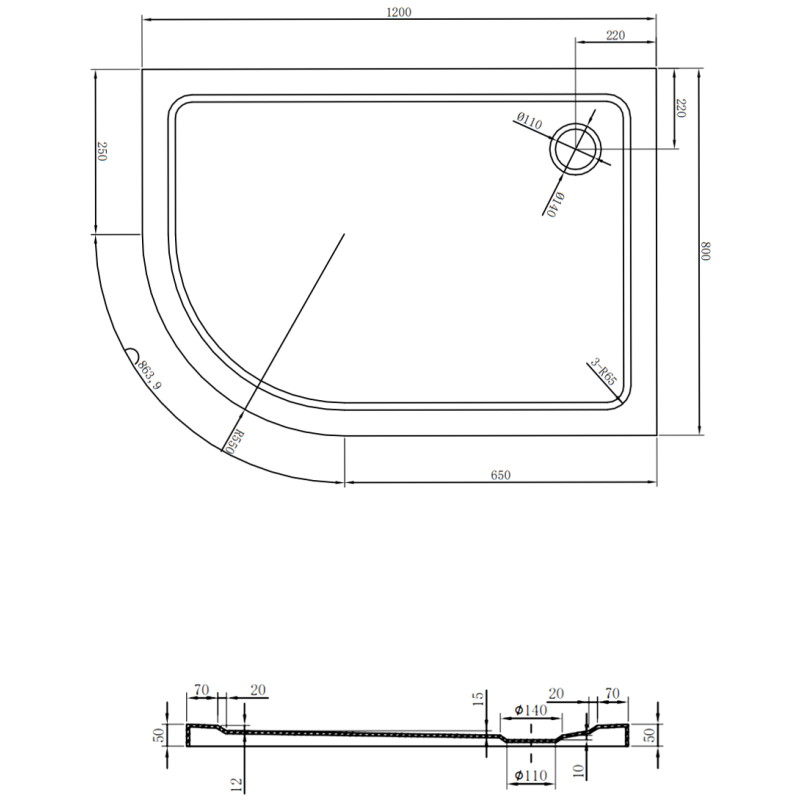 Mexen Flat semi-circular slim shower tray right 120 x 80 cm, white, chrome siphon - 41108012P