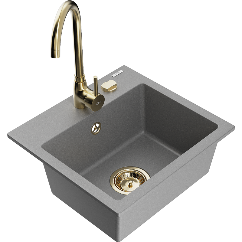 Mexen Milo 1-bowl granite sink with Telma kitchen tap, grey - 6505-71-670200-50