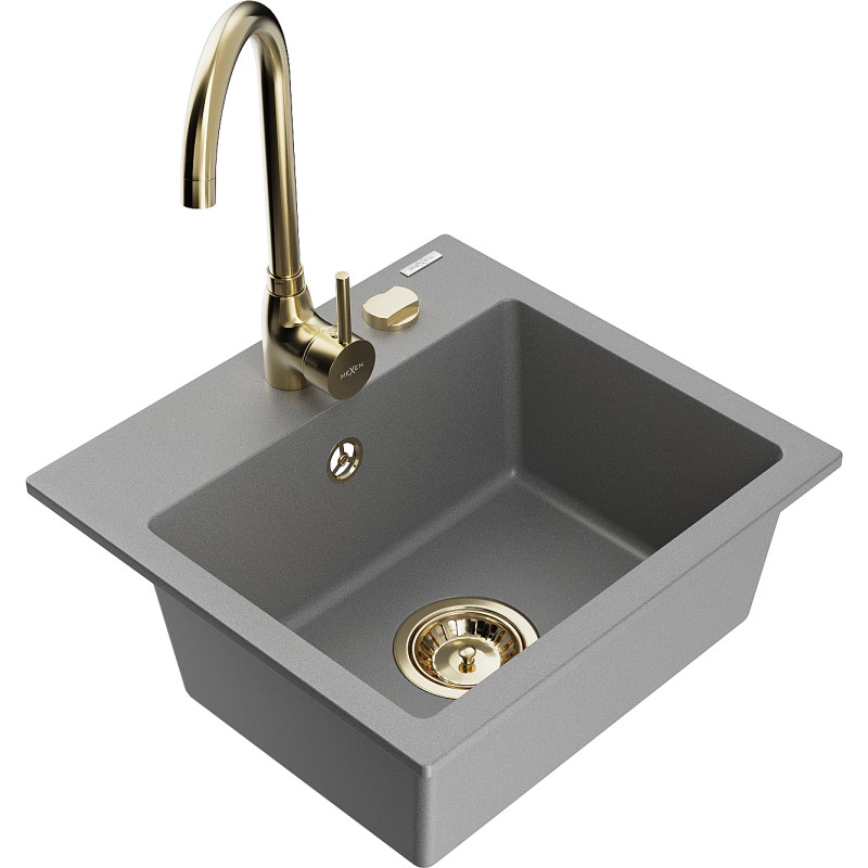 Mexen Milo granite kitchen sink 1-bowl with Telma kitchen faucet, gray - 6505-71-670200-50