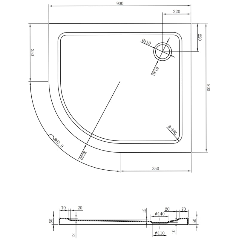 Mexen Flat slim right semicircular shower tray 90 x 80 cm, black, chrome siphon - 41708090P