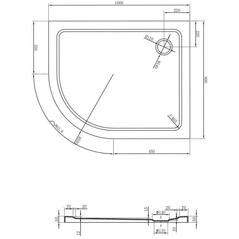 Mexen Flat semi-circular slim right shower tray 100 x 90 cm, black, chrome siphon - 41709010P