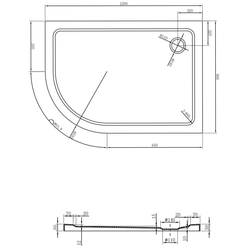 Mexen Flat semi-circular slim shower tray right 120 x 90 cm, black, chrome siphon - 41709012P