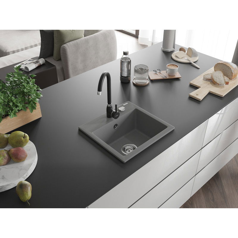 Mexen Milo 1-bowl granite sink with Telma kitchen tap, grey - 6505-71-670200-70