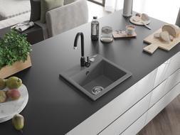 Mexen Milo 1-bowl granite sink with Telma kitchen faucet, gray - 6505-71-670200-70