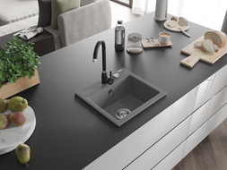 Mexen Milo 1-bowl granite sink with Telma kitchen tap, grey - 6505-71-670200-70