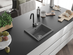 Mexen Milo 1-compartment granite sink with a kitchen mixer tap Telma, Grey - 6505-71-670200-70