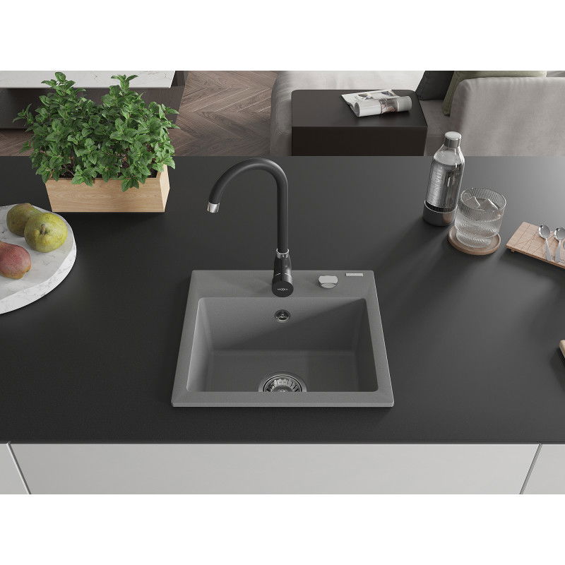 Mexen Milo 1-bowl granite sink with Telma kitchen tap, grey - 6505-71-670200-70